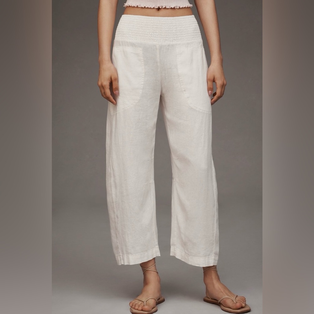 Anthropologie Cream Wide-Leg Smocked Waist Pants
